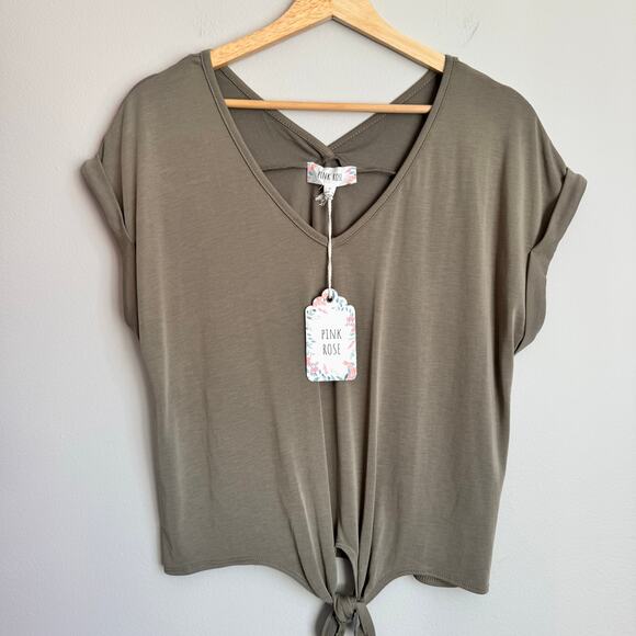 Pink Rose Top Size L Olive Green Modal Front Tie Short Sleeve Boho Basic Fall - Picture 1 of 10